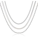 Kyerlyn Silver Necklaces for Women, Sterling Silver Stackable Stack Herringbone Choker Necklaces for Women Trendy Layering Circle Pendant Chain Necklace Set Jewelry for Women