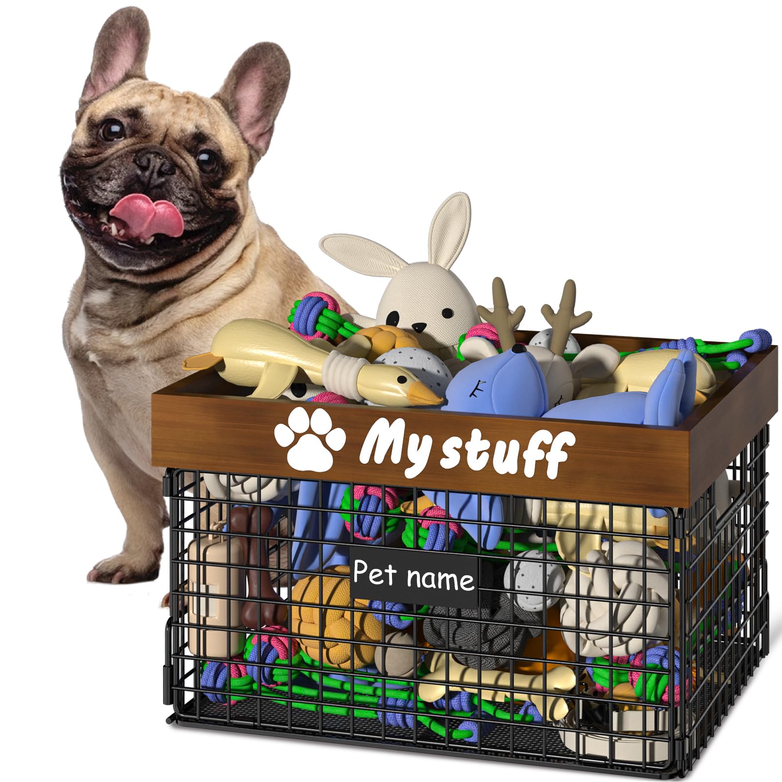 Photo 1 of Foellstoe Dog Toy Bin Toy Basket Metal Storage Box with Handles Dog Organizer Chew-Proof Dog Toy Box Blankets Leashes Chest Puppy Dog Toy Storage Wood Metal Container Home Decor Pet Toys Dog Cat