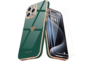 Teageo for iPhone 15 Pro Case with Screen Protector [2 Pack] Girl Women Cute Girly Love-Heart Luxury Gold Soft Camera Protection Bumper Silicone Shockproof Phone Case for iPhone 15 Pro, Darkish Green