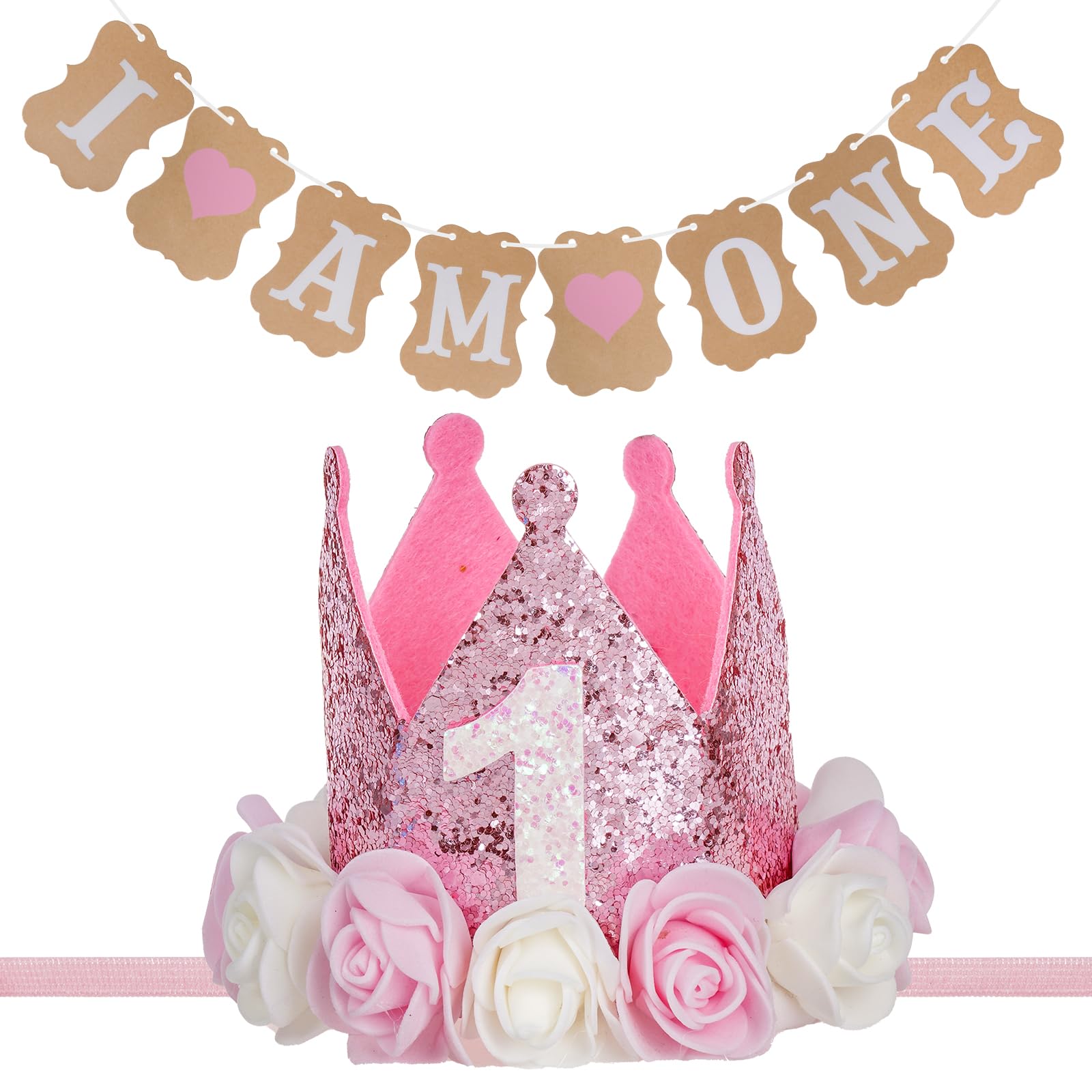 2Pcs 1st Birthday Decorations for Girls, First Birthday Crown and I Am One Banner, Adjustable 1st Party Hat with Cute Floral for Baby Girls Boys Birth day Decoration Photo Taking Prop (Pink)