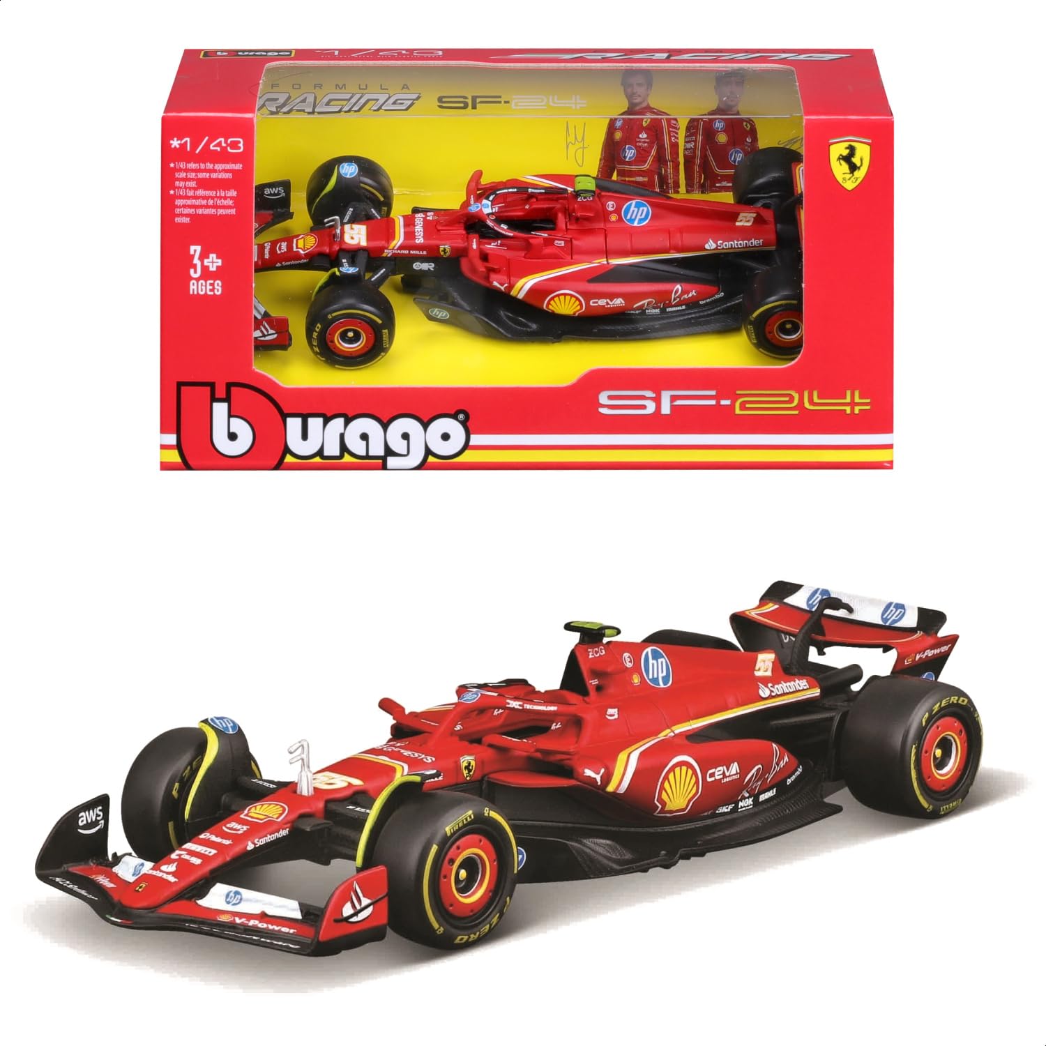 Bburago 1/43 - SF-24 for Scuderia Ferrari F1 Team SF24 Signature Die cast Adults Model Car Display F1 GP 2024 Collection - #55 Carlos Sainz