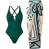BAWHAHT One Piece Swimsuit Women with Cover Up Set Retro Bathing Suit for Women Tummy Control Beach Wrap Skirt