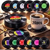 26 Pcs Retro Vinyl Record Coasters for Drinks, 4 Inch Record Player Coaster Set, Funny Music Lovers Gift for Home Bar Decor, Birthdays and Housewarming