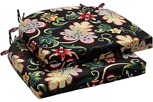 Wellsin Outdoor Chair Cushions for Patio Furniture - Patio Chair Cushions Set of 2 - Water Resistant Round Corner Outdoor Seat Cushions 17"X16"X2", Flower Black