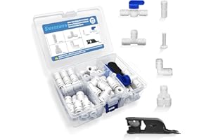 Sweezwon Water Tube Fittings Kit, 1/4" OD Quick Connect Push to Connect Fittings for RO/DI Water Filter System (Ball Valve+ T+ I+ L+ Y+ Professional Tubing Cutter, 46Pcs)