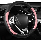 Car Steering Wheel Cover,Microfiber Leather Steering Wheel Cover Universal 14.5-15 inch, Anti-Slip Breathable Auto Wheel Cover Protector for Men Women (Black&Pink)