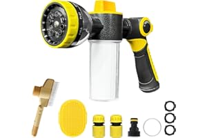 MOSIKEN Dog Wash Hose Attachment, 10-in-1 Spray Mode Pet Shower Soap Sprayer with Grooming Comb Rubber Brush, Hose Nozzle with 100cc Soap Dispenser, for Watering, Car Wash, Dog and Horse Showering (Yellow)