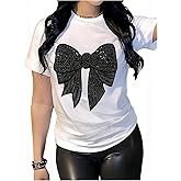 RoseSeek Women's Rhinestone Sequin Bowknot Graphic Tees Short Sleeve Crewneck Summer Tops Going Out T Shirt Solid White Medium