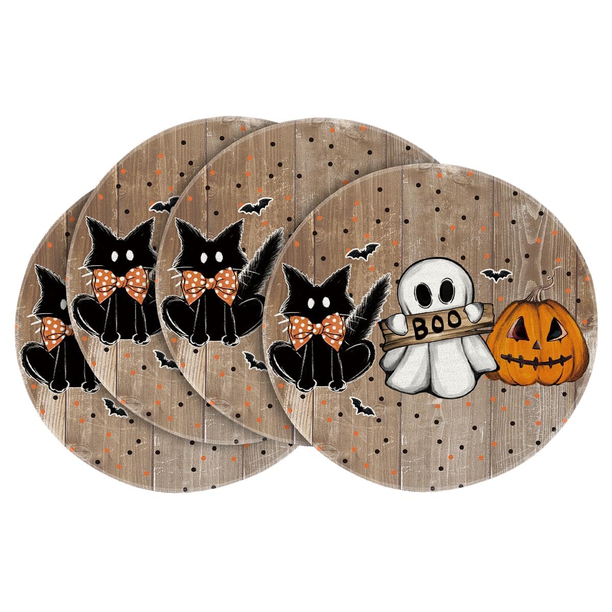 Photo 1 of Artoid Mode Wood Polka Dot Ghost Cat Boo Halloween Round Placemats Set of 4, 14 Inch Table Mats for Party Kitchen Dining