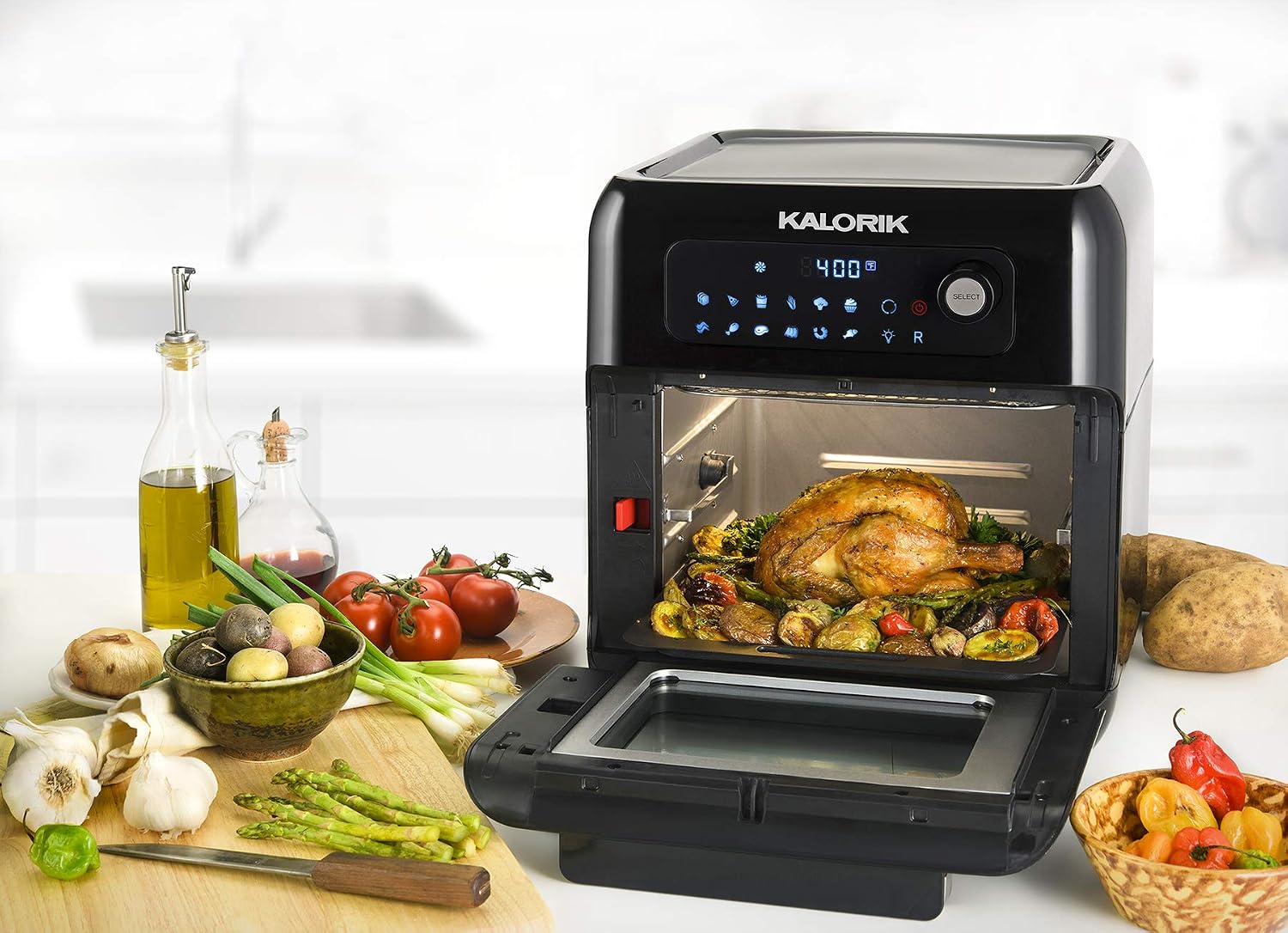 tamaño XL, capacidad 22 L, incluye pincho giratorio, bandeja esmaltada,  1700 W color negro y gris Horno de aire caliente Team Kalorik TKG AFO 2000  Airfryeroven freidora y deshidratador Pequeño electrodoméstico Hogar