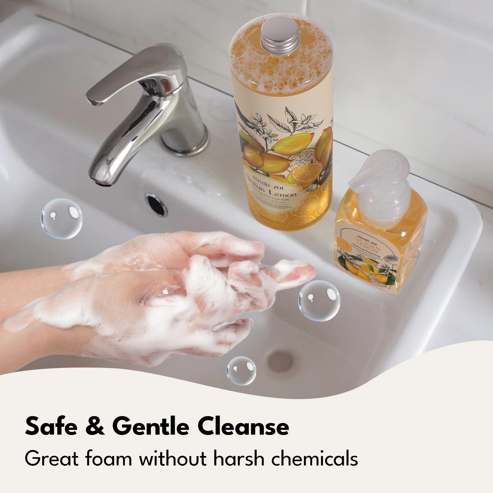 Hand Soap Refills Foaming 3pack (33.8 Fl Oz) + Reuseable Foam Soap Dispenser, Natural and Moisturizing Foaming Refills Kit, Lemon Hand Soap Refills