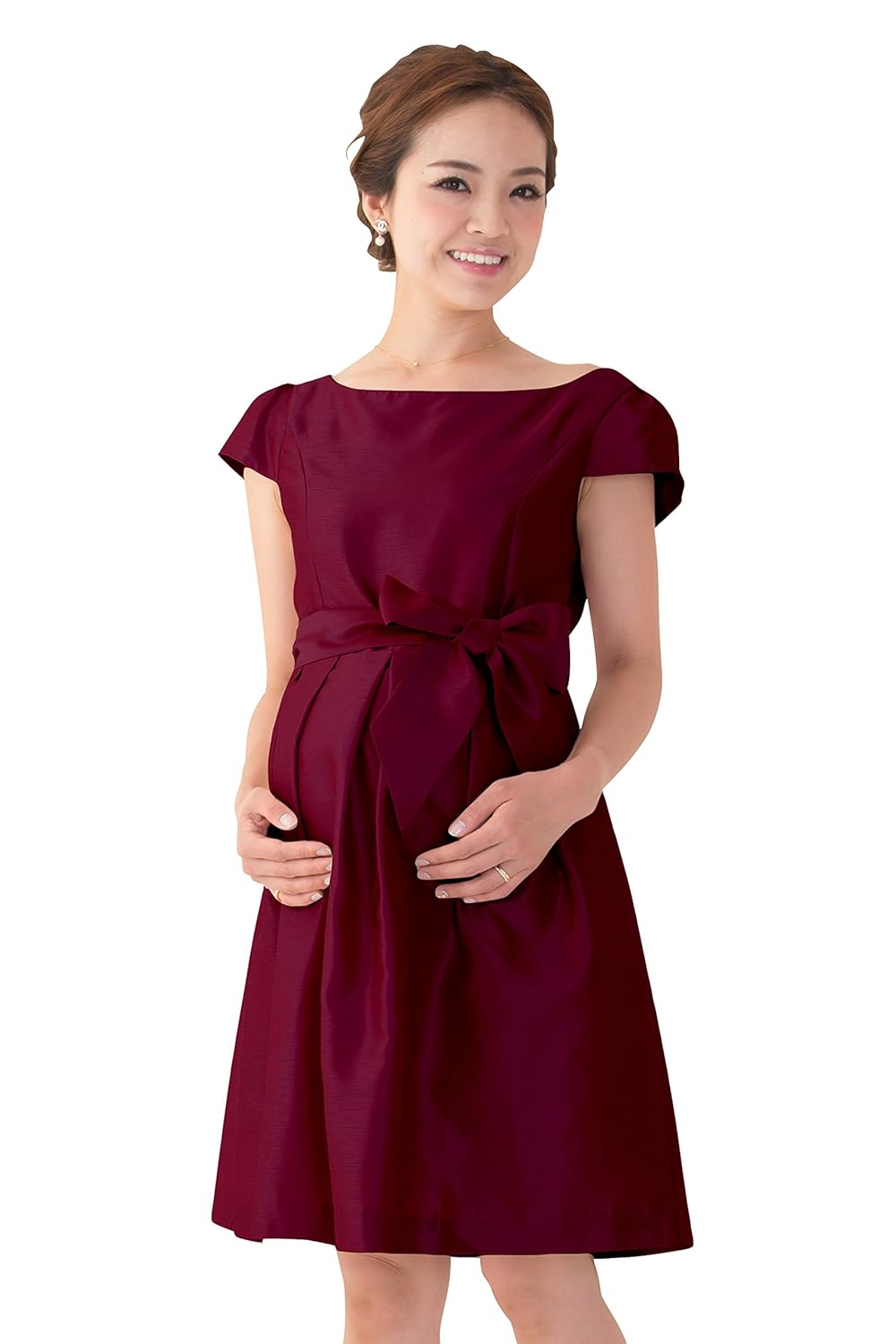 フォーマル プリンセスライン ウエストリボン キャップスリーブ リュクス上品ドレス 日本製 シャンブレーシャンタン Mommy Sweet ワンピース M ボルドー B013razdj2 ボルドー M 授乳服 マタニティ お宮参り 結婚式 パーティー お呼ばれ ママワンピ ママドレス 授乳