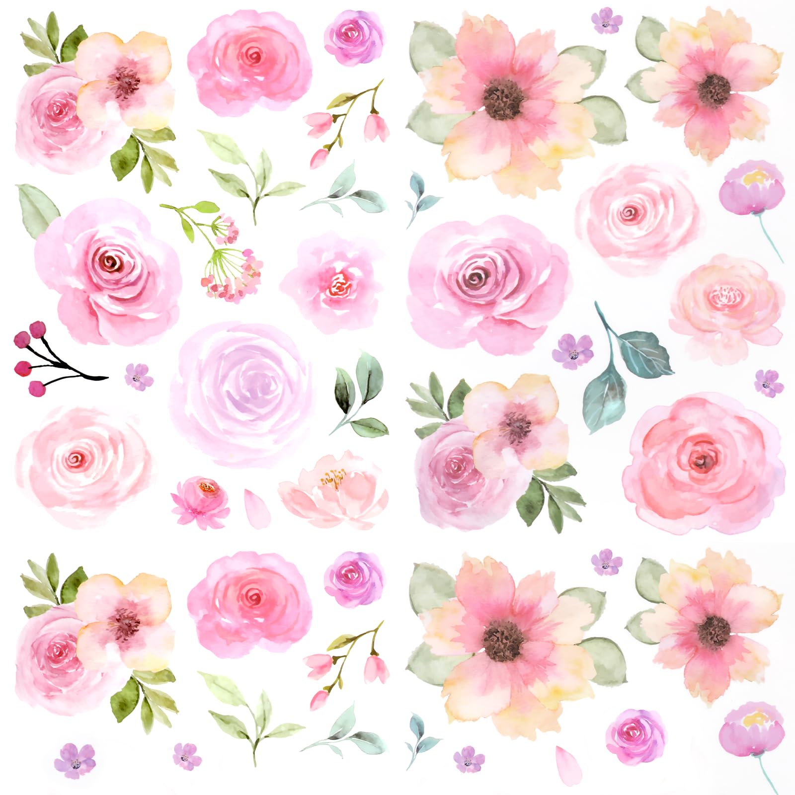 COMNICO 60pcs Pink Flower Wall Sticker Watercolor PVC Peel and Stick Wall Decals Cute Peony Floral and Leaves Pastel Flower Decor for Kids Bedroom Living Room Baby Nursery Kindergarten