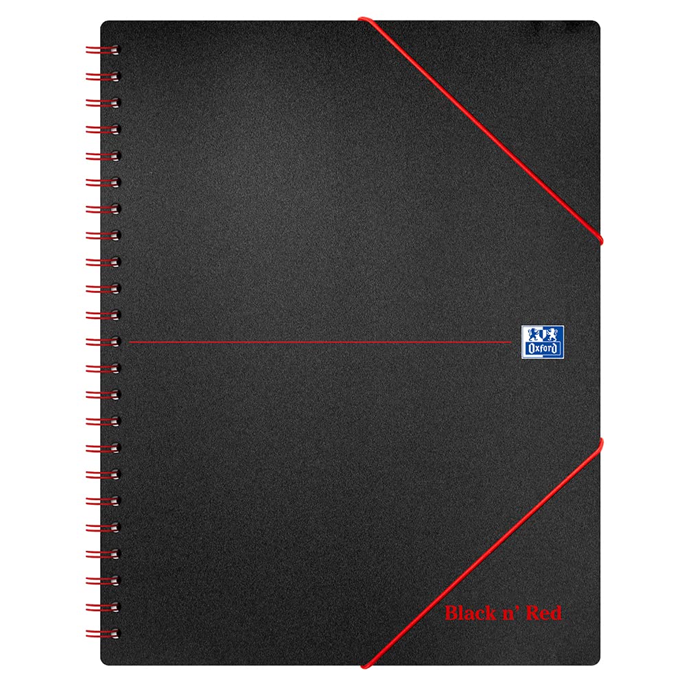 Oxford Black n' Red Frame Ruled with Margin Wirebound Poly Meeting A4+ Notebook with Elasticated Wallet and 3 Flap Folder, 4 Hole Punched, 160 Perforated Pages