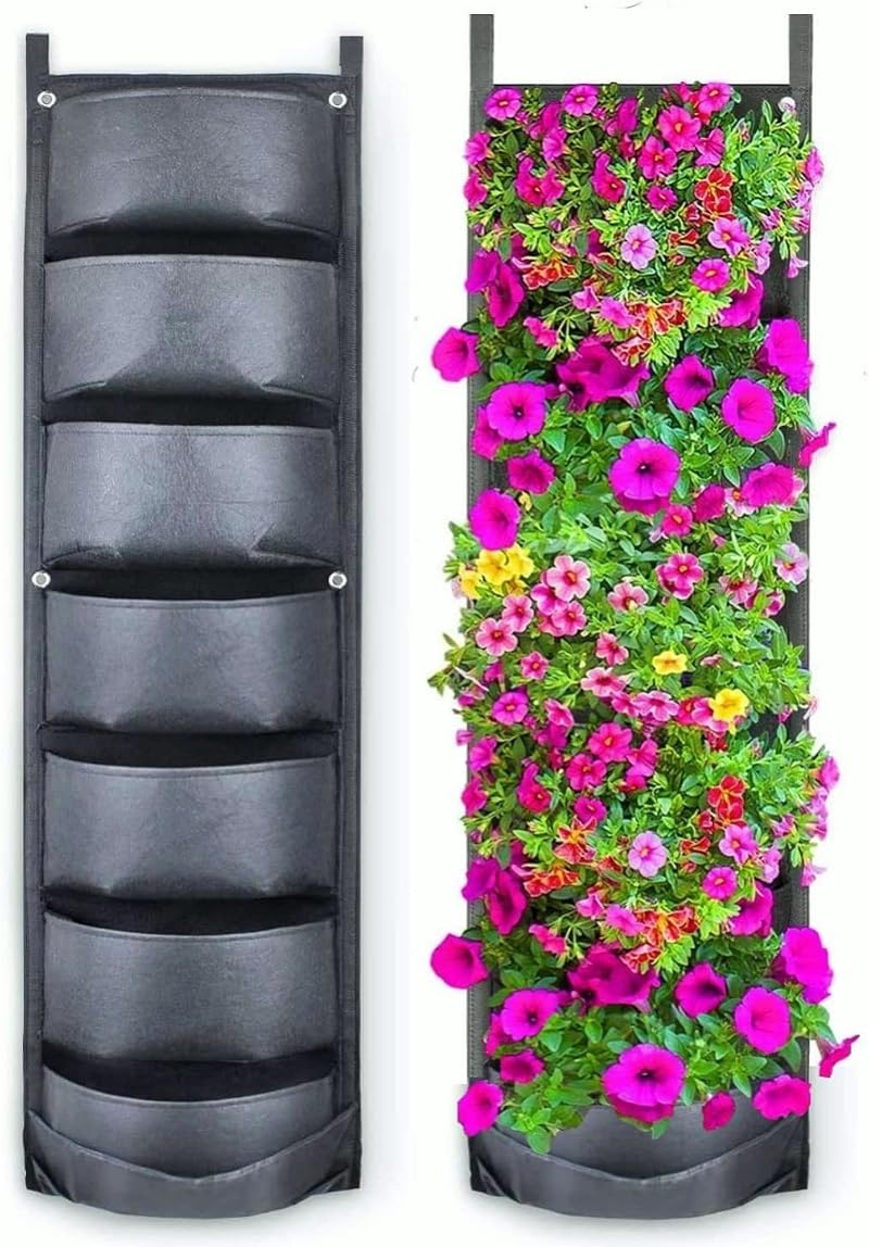 KAHEIGN 7 Pocket Vertical Hanging Plant Grow Bags - Black