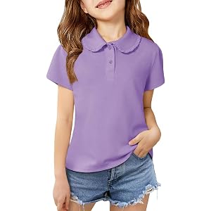 Humordream Girls Ruffle Peter Pan Collar Polo Shirt Kids School Uniform Tops Short Sleeve Tshirts