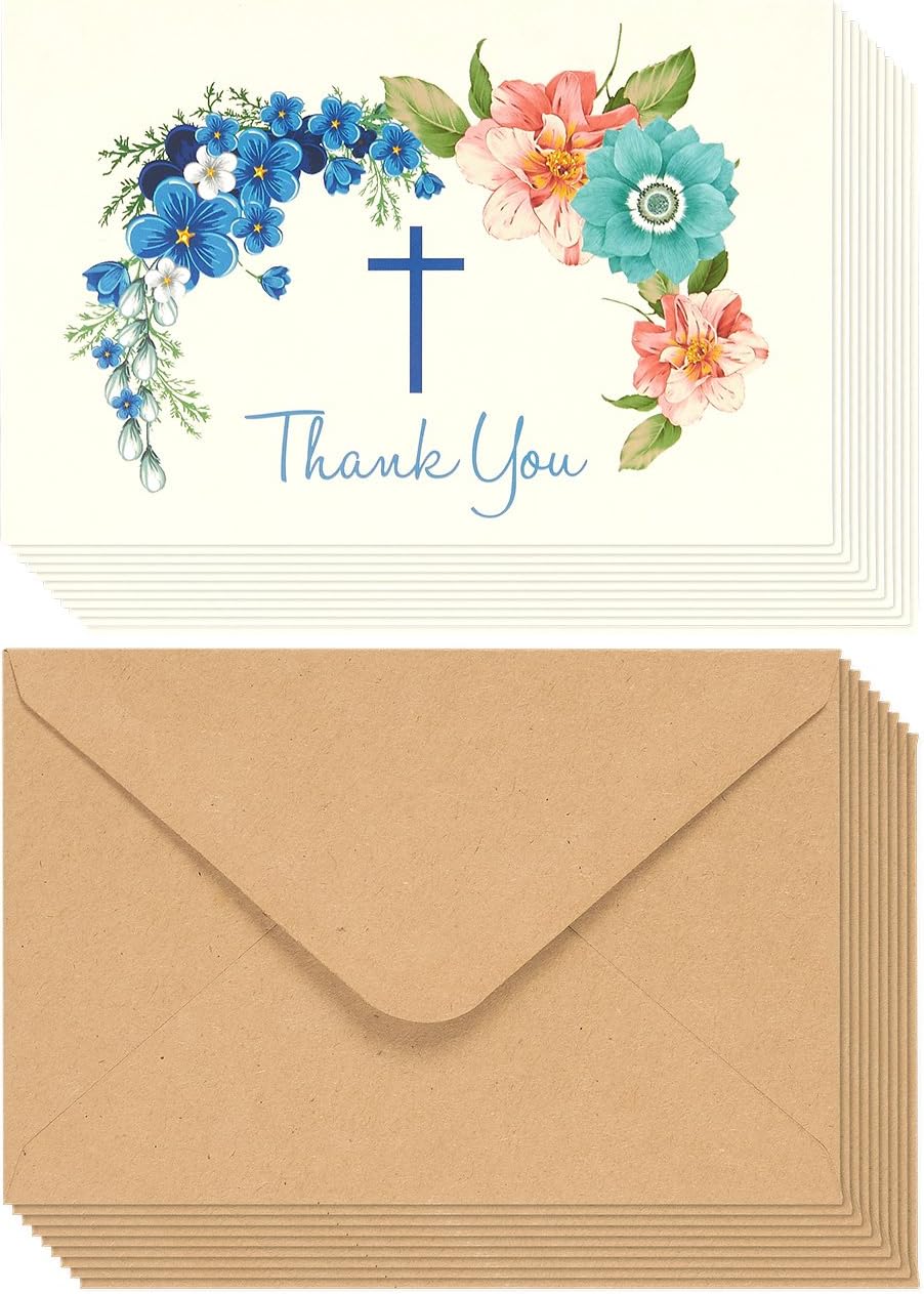 48 Pack Christian Thank You Cards With Envelopes, Bulk Baptism, Religious Greeting Notes for Christening, Wedding, Communion, Floral Cross Design (10 x 15 cm)