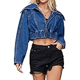 VigorFusion Women's Denim Jacket Long Sleeve Lapel Zip Up Cropped Drop Shoulder Flap Coat Jean Jacket Top