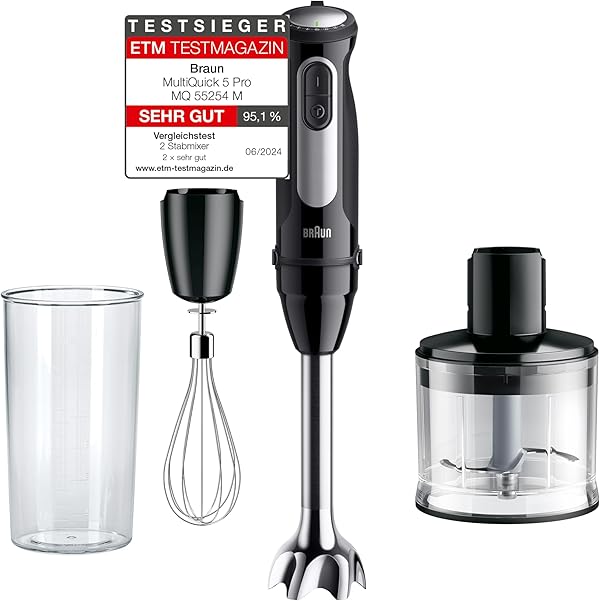 Braun Stabmixer MultiQuick 5 Pro MQ55236M - Elektrischer Stabmixer mit 25 Geschwindigkeiten, EasyClick Plus System für Zubehör, 3-teiliges Zubehör-Set, 1000 Watt, Schwarz