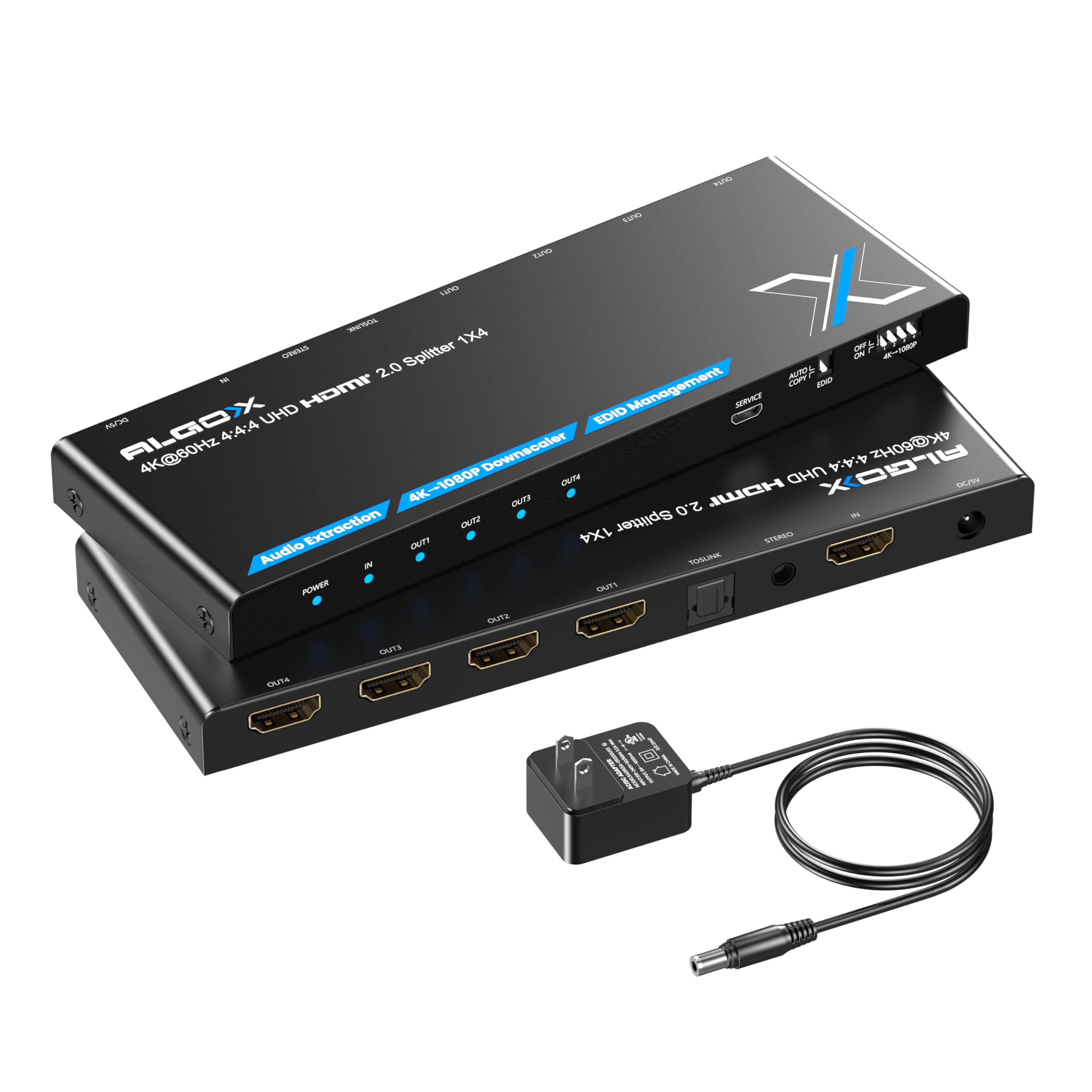 Photo 1 of 4K HDMI Splitter 1x4 with Audio Extractor, Downscaler & EDID, 4K@60Hz HDR HDMI 2.0 18Gbps HDMI Duplicator with TOSLINK & 3.5mm Stereo Out, Support HDCP 2.2 for TV, PS5, Xbox, Roku, Projector, Switch2