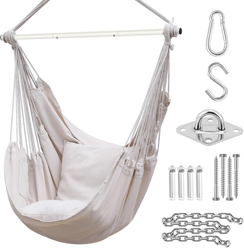 Ohuhu XL Swing Chair with Hardware Kit Beige 150kg Capacity