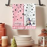 Hluvibbi Merry Christmas Kitchen Towels Set of 2,Funny Snowman Dish Towels Holiday Home Indoor Bathroom Party Seasonal Decorations,Cute Pink Buffalo Plaid Farmhouse Decor,Winter Hand Towels