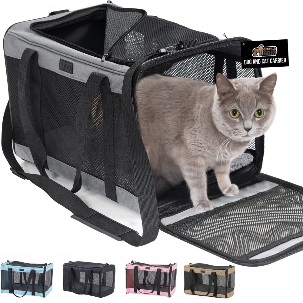 GORILLA GRIP Cat Carrier Travel Bag Up to 15 Lbs, Soft Collapsible Small Dog Carriers, Top and Side Entry Breathable Mesh, Grip Feet on Underside, Cozy Washable Waterproof Pad, Portable Kennel, Gray