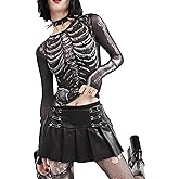 Women's Halloween Fitted Crop Tops Mesh Skeleton Print Tops Long Sleeve Mesh Going Out Tops