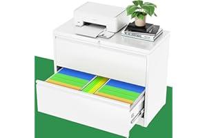 Greenvelly White File Cabinet 2 Drawer, Lateral Filing Cabinet with Lock, Locking Metal File Cabinet for Home Office, Horizontal File Cabinets for Legal/Letter/A4/F4 Size with Hanging Bars&Key