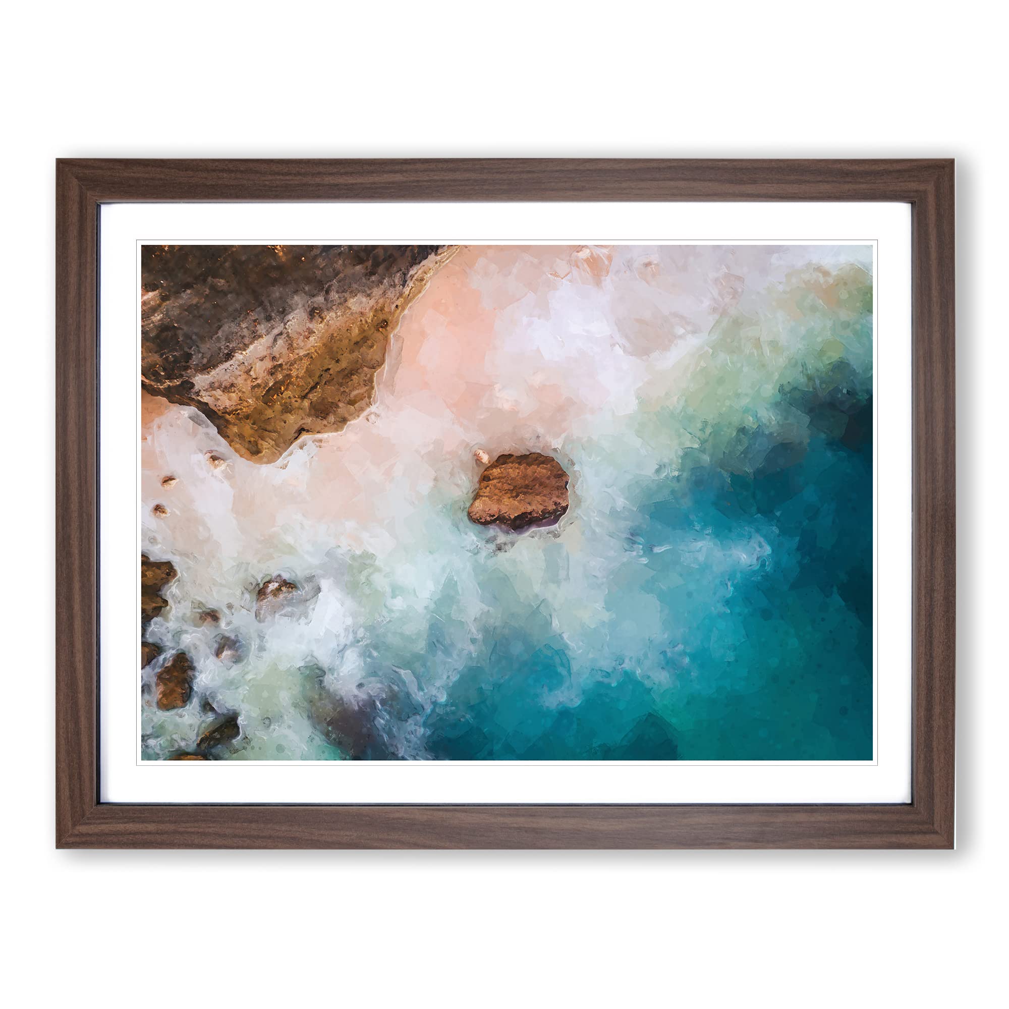 Beach Waves In Abstract Modern Art Framed Wall Art Print, Ready to Hang Picture for Living Room Bedroom Home Office Décor, Walnut A4 (34 x 25 cm)