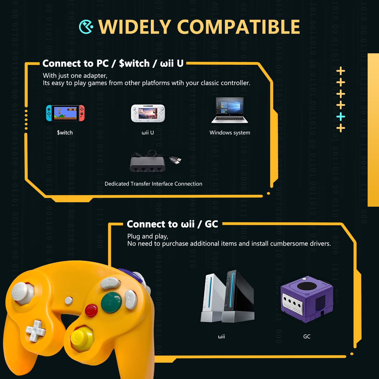 Zeion 4 Pack Gamecube Controller, with 4 Extension Cables and 4-Port USB Adapter for Switch PC Wii U Console(Black, Purple, Blue, Orange)