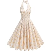 Figdaw Womens Vintage Polka Dots Halter Deep V Neck Midi Dress Sleeveless Ruffle Flowy A Line Party Cocktail Dress