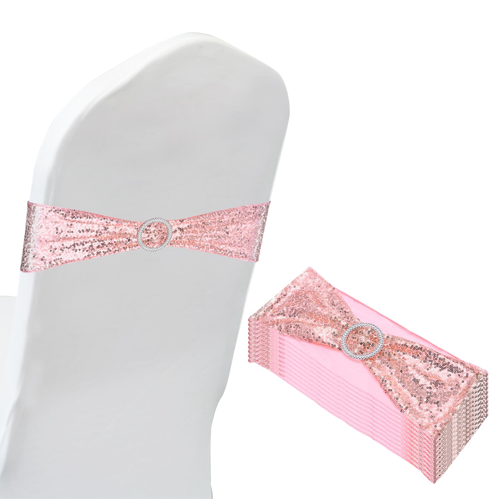 PATIKIL 14"x6" Stretch Chair Sashes Bows, 10 Pack Elastic Chair Bands Sashes with Buckle Slider for Wedding Banquet Decorations, Rose Gold