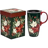 Topadorn Christmas Ceramic Mug, Festive Holiday Design for Hot Coffee, Tea, or Cocoa, 17oz Travel Mug with Handle in Gift Box for Christmas Gifting, Dishwasher & Microwave Safe, Flower
