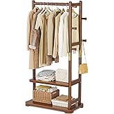 Taitiy Coat Rack Solid Wood Clothes Rack with 2 Shelves & 4 Hooks for Hanging Clothes Garment Wallets Hats, Clothing Rack Heavy Duty Coat Rack Freestanding with Storage Hall Tree for Hallway Bedroom