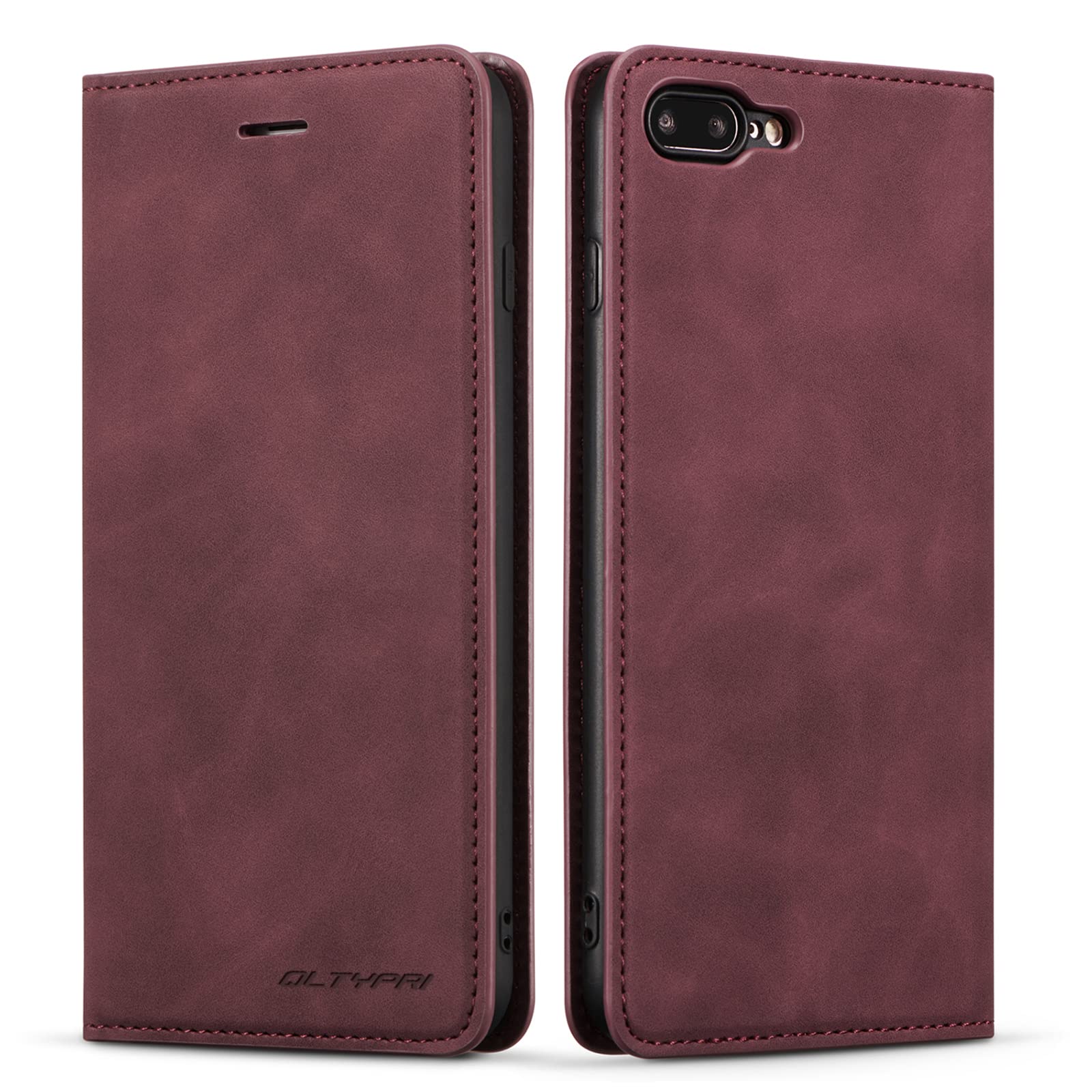 QLTYPRI Case for iPhone 7 Plus 8 Plus, Premium PU Leather Cover TPU Bumper with Card Holder Kickstand Hidden Magnetic Adsorption Flip Wallet Case Cover for iPhone 7 Plus 8 Plus - Red Wine