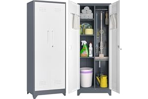 IRONFFICE Broom Closet Storage Cabinet,Metal Storage Cabinet with Pegboard and Hanging Rod,Cleaning Tool Storage Cabinet,Broom Closet Cabinet, for Laundry Room,Basement