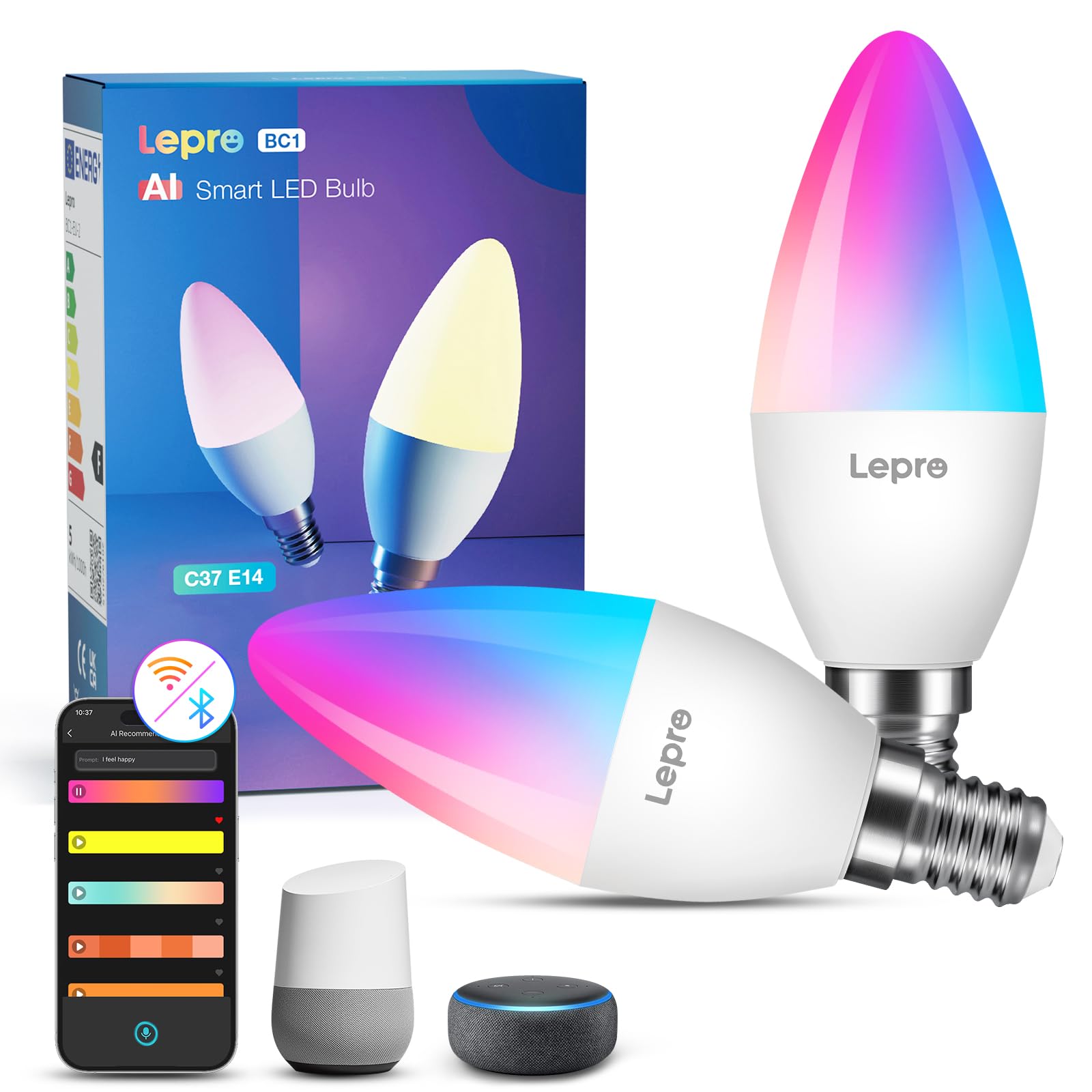 Lepro AI Smart Bulb E14, Music Sync WiFi Bulb, Voice Control Screw Blub, Color Changing Light Bulbs, Work with Alexa & Google Assistant, Personalized AI Lighting Designer, 2 Packs — image 1