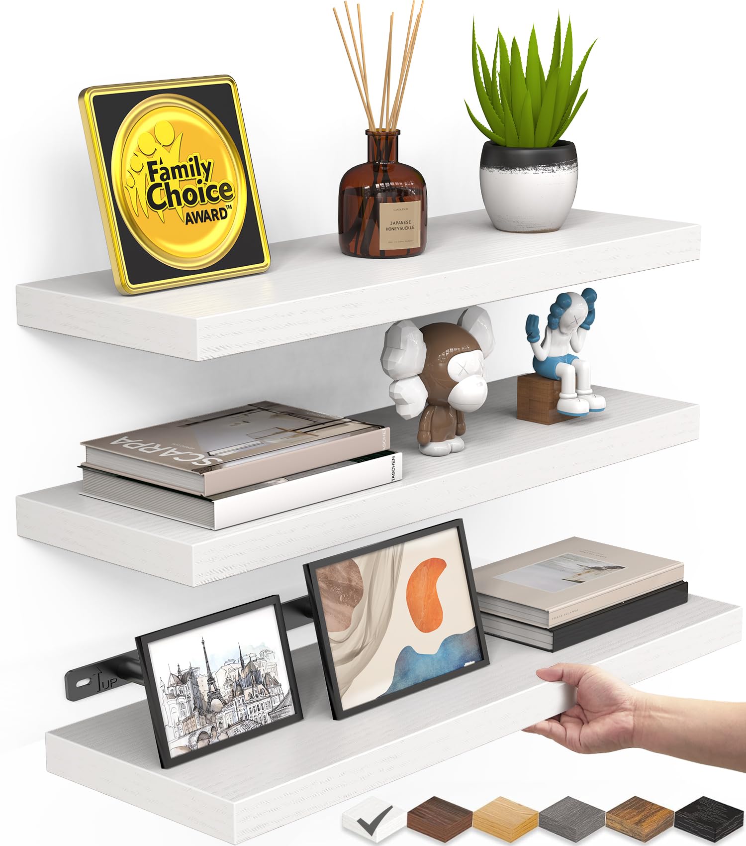 Photo 1 of BAYKA White Floating Shelves for Wall – Rustic Wood Wall Shelves with Metal Brackets for Bathroom, Bedroom, Kitchen, or Living Room Decor Organization – Set of 3, Sturdy Storage with 22lb Capacity