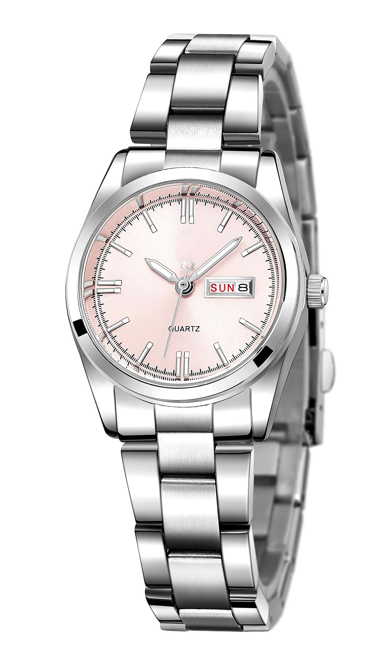 CARLIEN Women's Luxury Watches Luminous Waterproof Calendar Ladies Stainless Steel Dress Quartz Wrist Watch, Silver Pink, 29mm, Fashion, Classic, Simple
