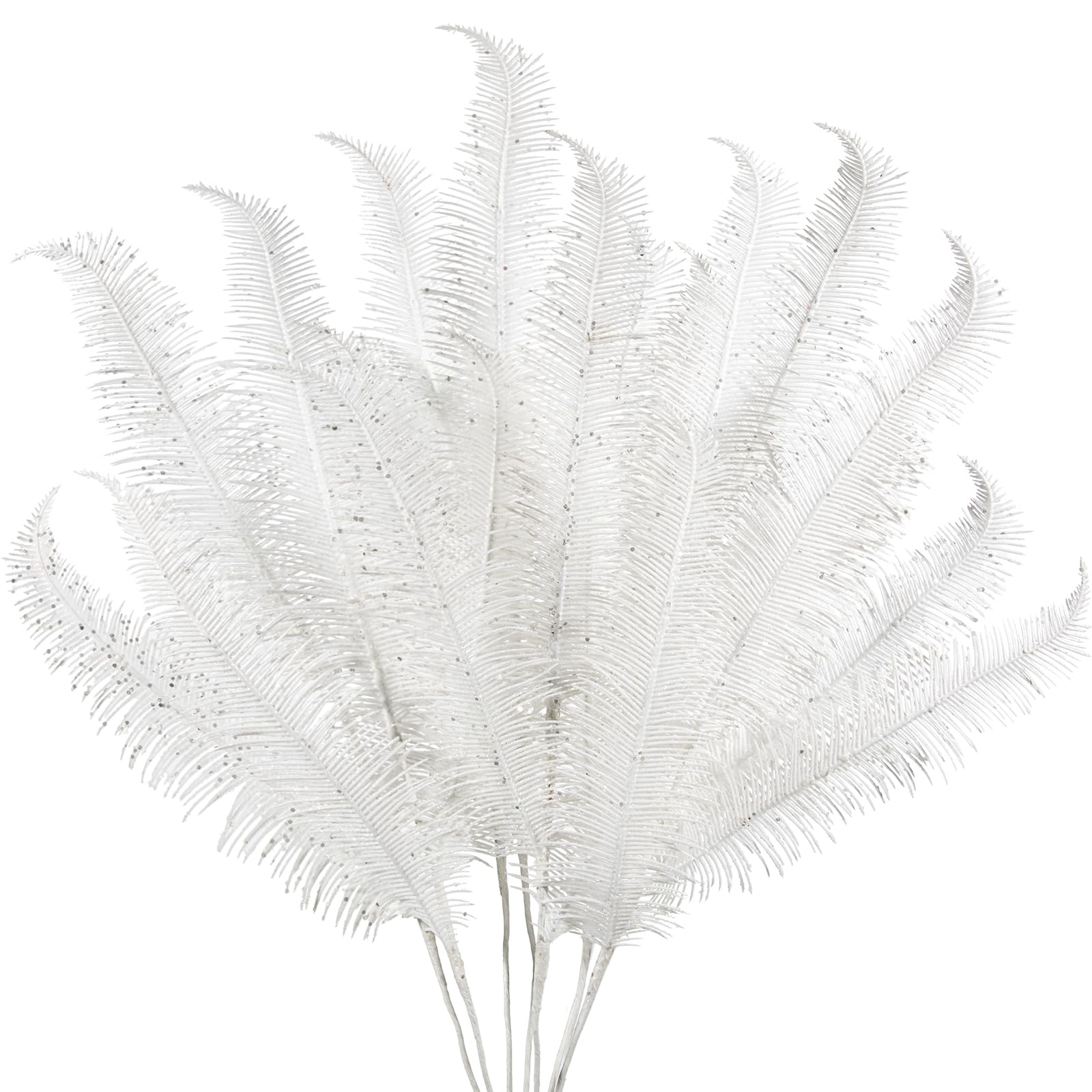 Oairse 8 Pcs Christmas Tree Picks and Sprays White Glitter Christmas Picks 28" Christmas Glitter Feathers Leaves Stems for Christmas Tree Filler Branches Wreaths Centerpieces Holiday Decorations