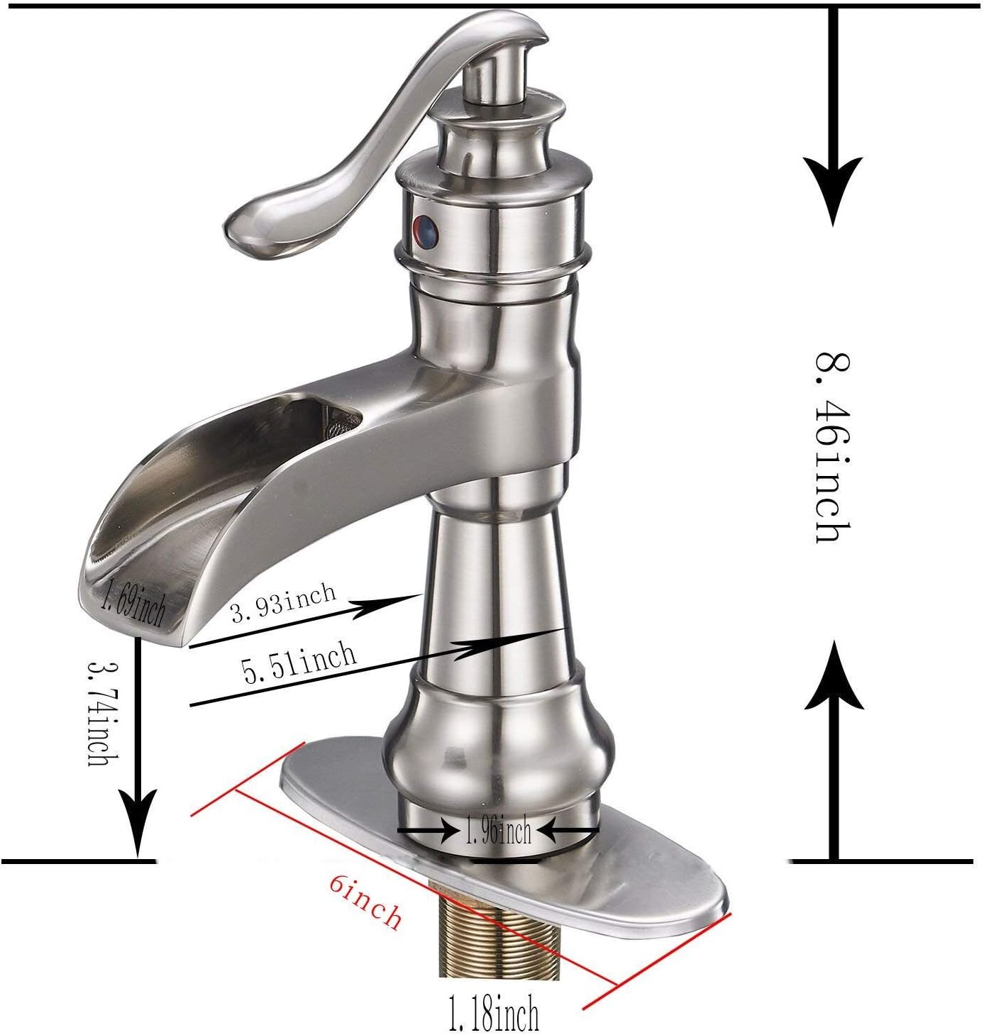 BWE Bathroom Sink Faucet with Drain Assembly and Supply Hose Lead-free Single-Handle One Hole Lavatory Waterfall Faucet Mixer Tap Deck Mounted Brushed Nickel - - 