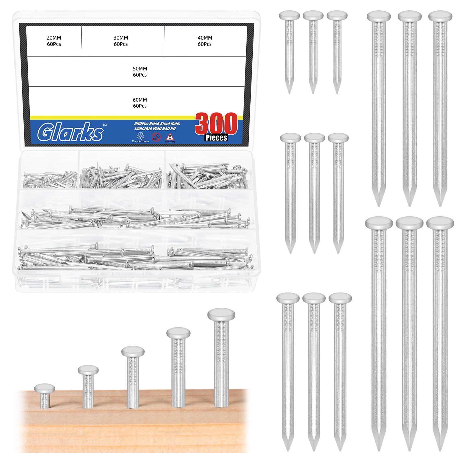 Glarks 300pcs 20/30/40/50/60mm Brick Steel Nails Kit, White Zinc Carbon Steel Hardware Nails, Finishing Nails, Brad and Picture Hanging Nails, Wood Nails, Cement Nails for Drywall and Pine