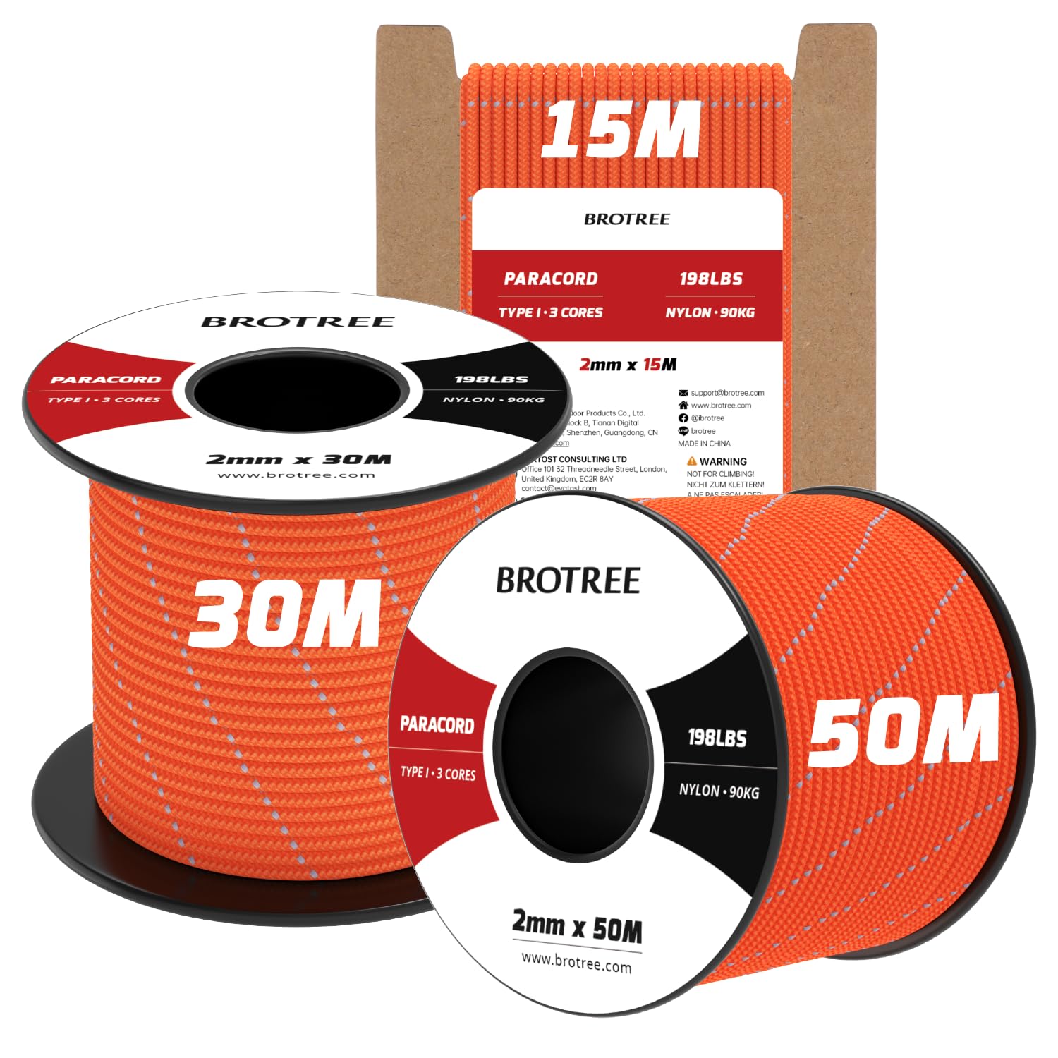 Brotree 2mm Paracord 3 Strands 30M 100% Nylon Rope Parachute Cord for Outdoor, Craft, DIY - 90kg Breaking Load (Reflective Orange) — image 1