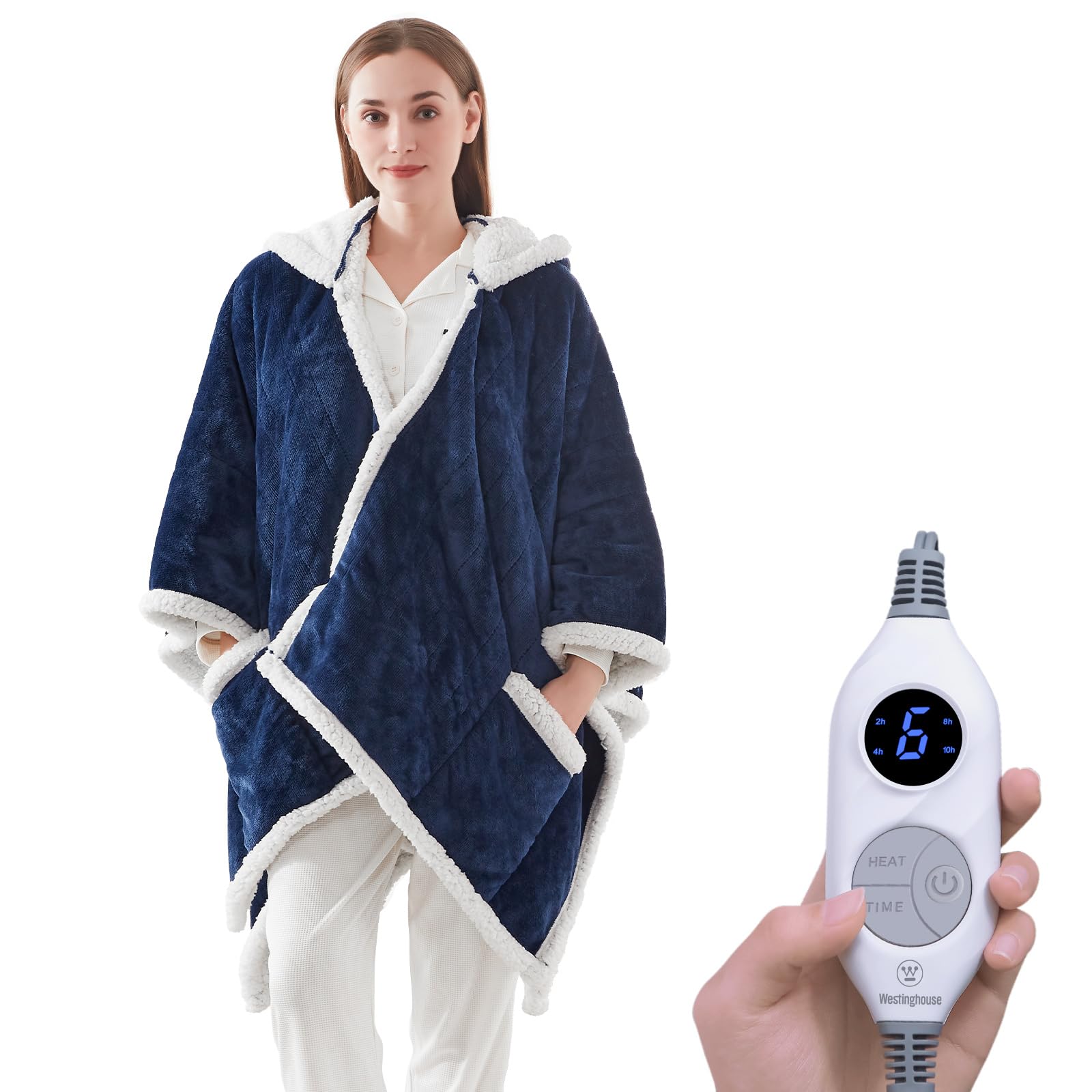 Westinghouse Wearable Heated Throw Blanket, Electric Heated Wrap Poncho Shawl with Pockets, 6 Heating Levels & 2 to 10 Hours Time Settings, 50 x 60 Inch, Navy Image