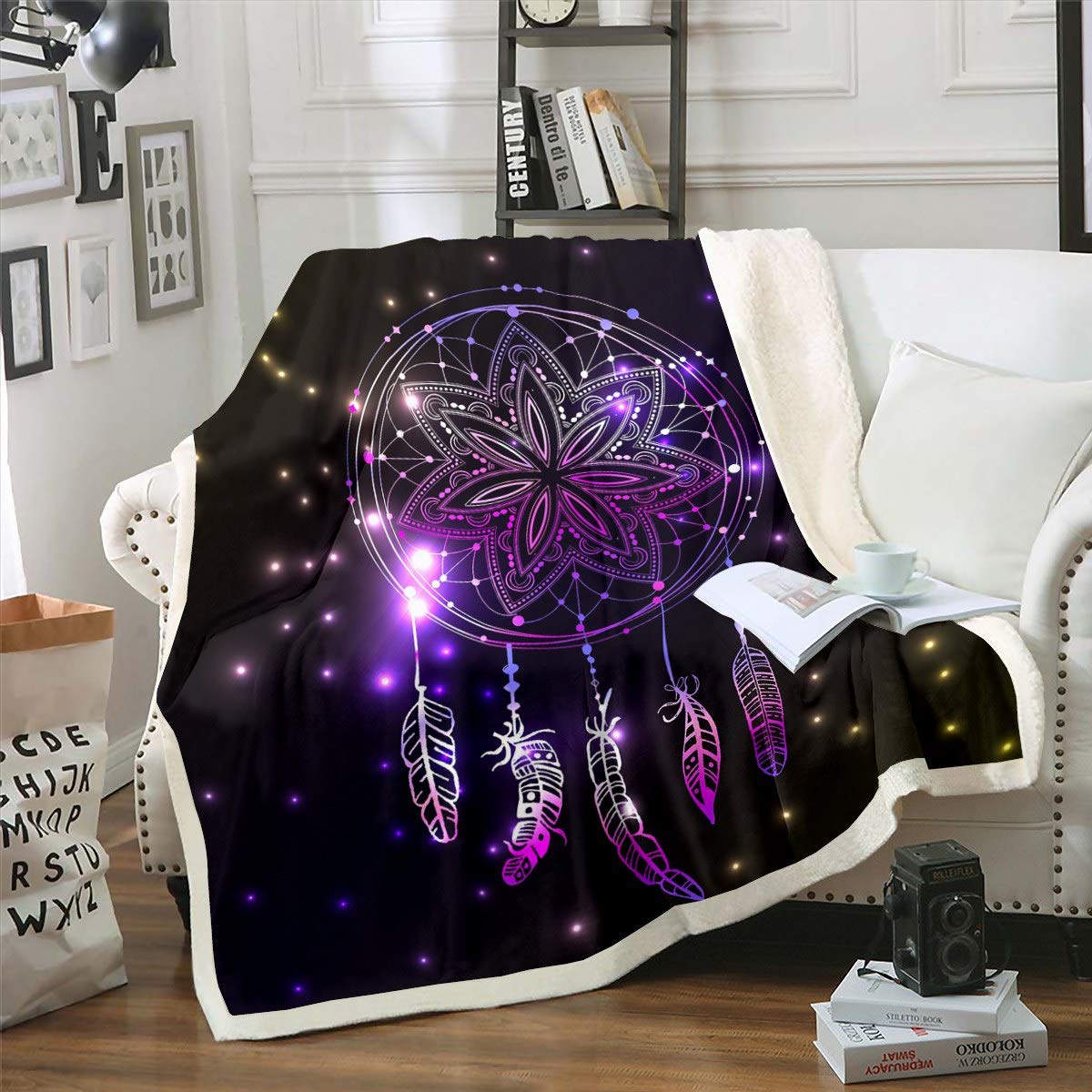 Bohemian Dreamcatcher Sherpa Blanket Boho Tribal Feather Fleece Throw Blanket for Kids Girls Galaxy Dream Catcher Plush Blanket Purple Starry Sky Fuzzy Blanket for Sofa Bed Couch Single 50x60 Inch — image 1