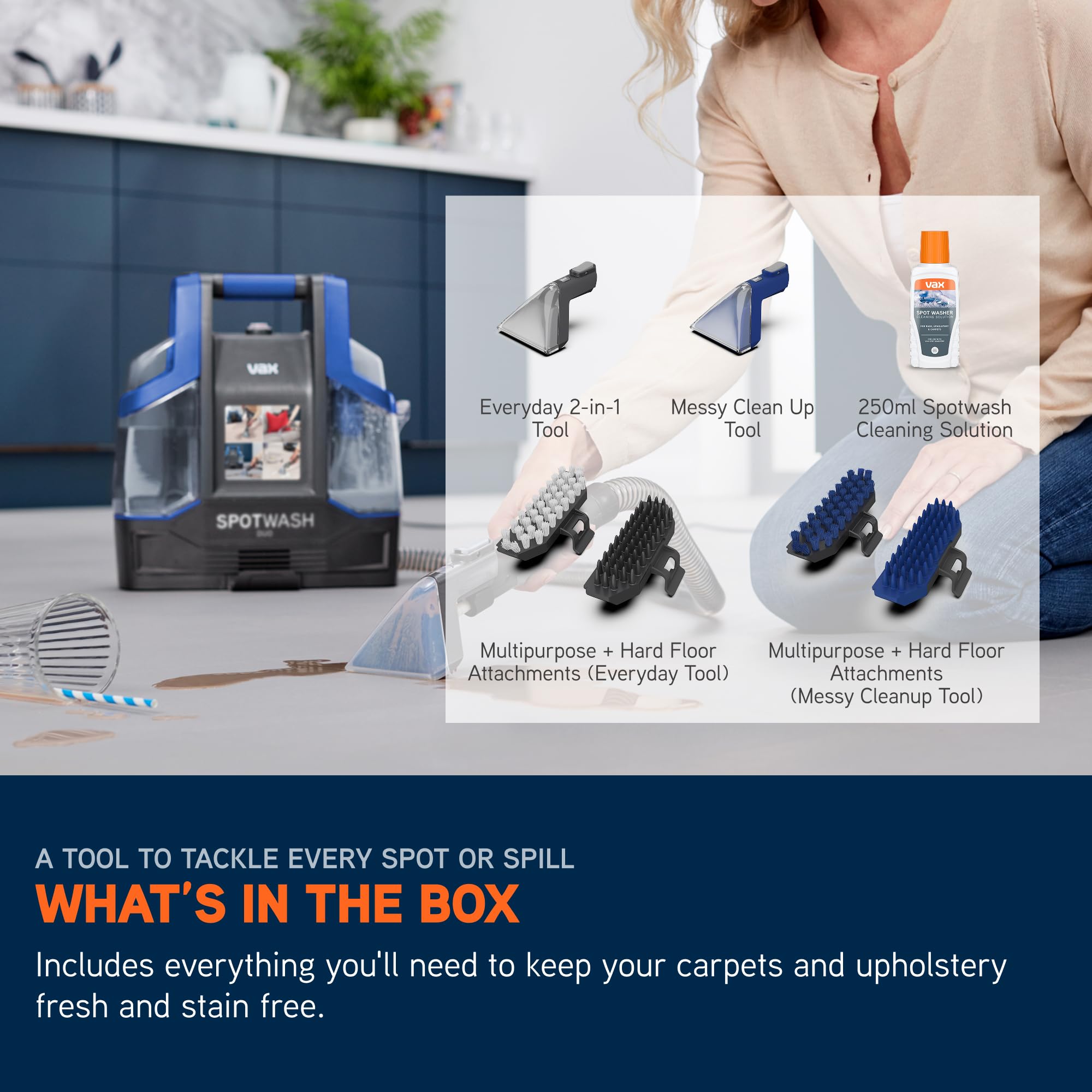 Vax SpotWash Duo Spot Cleaner, Upholstery, Sofa, Stairs, Rug, Stain Cleaning Small Handheld Shampooer Machine, Solution and Tool for Home, Car, Pets with Self-Clean, 380W, 3.89kg, Grey/Blue, CDCW-CSXA