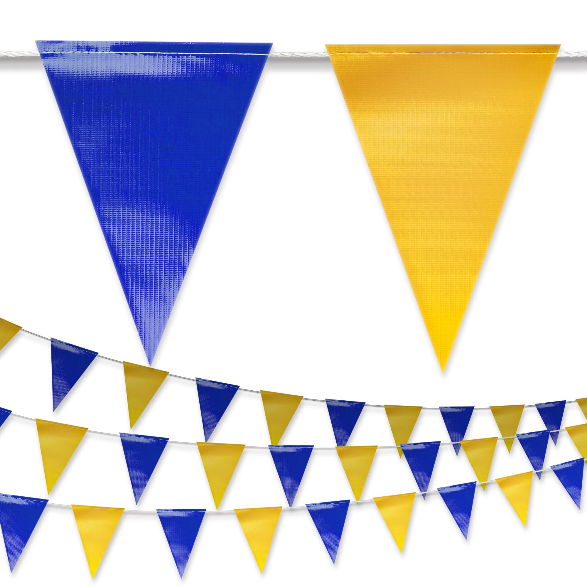 Photo 1 of NACARUM Blue & Yellow Pennant Banner Flags | Heavy-Duty Outdoor | OSHA 500lb Rated | Strand Fade Resistant ?102FT?