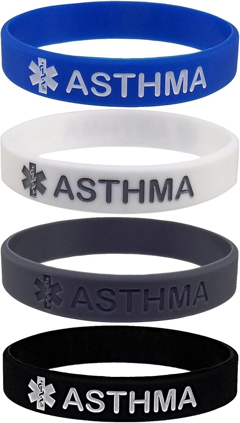 Max Petals Asthma - 4 Pack - Medical Alert ID Silicone Bracelet Wristbands, Blue,Gray,White,Black