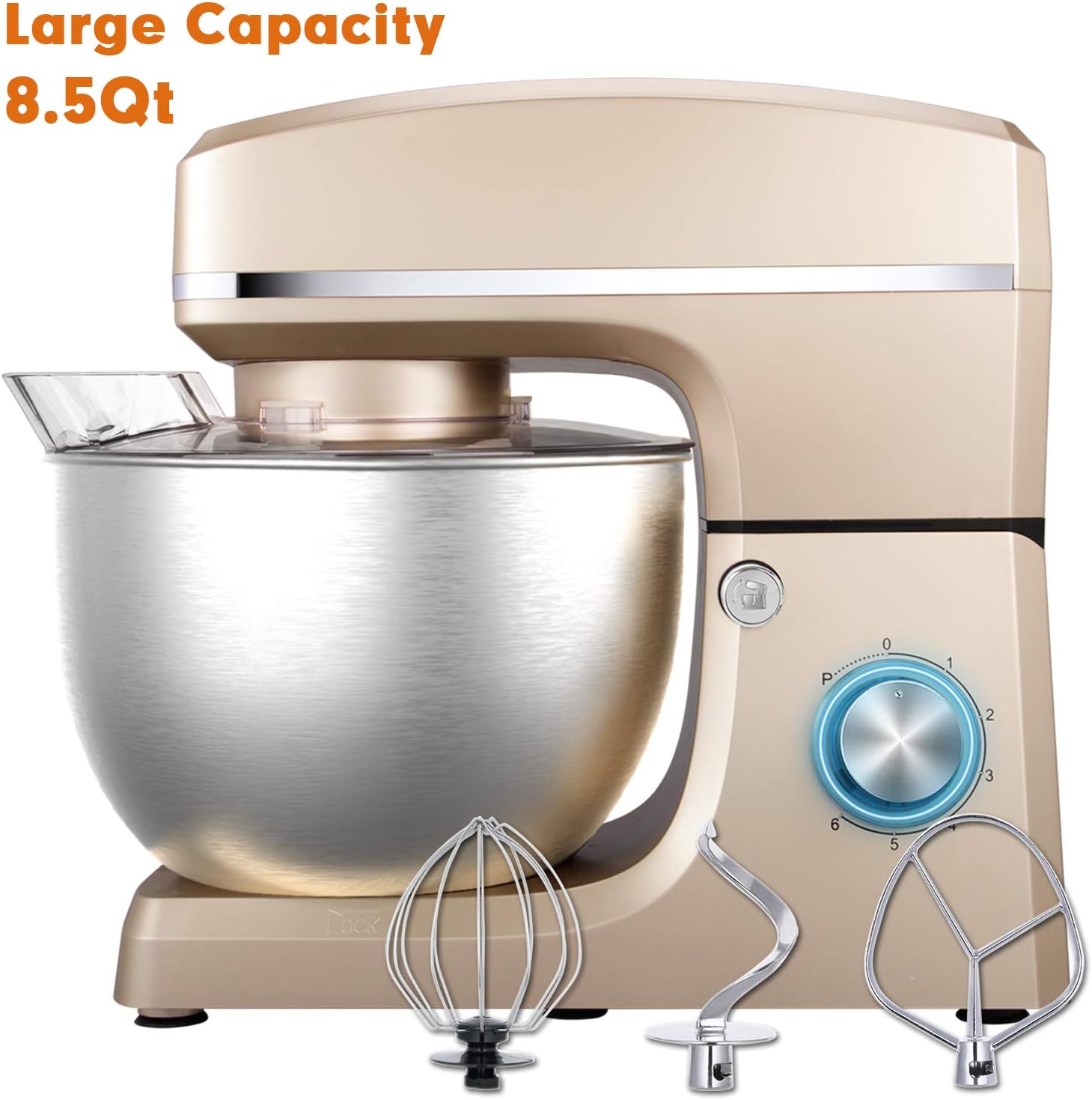 Stand Mixer, Sincalong 8.5QT 660W 6 Speed Tilt Head Electric Mixer with Stainless Steel Bowl, Splash Guard, Dough Hook, Flat Beater, Whisk Dough Kneading Machine, Champagne